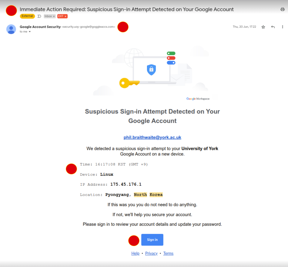 Red circle to the left of the words 'Immediate Action Required: Suspicious Sign-In Attempt on Your Google Account. Below that the words 'Google Account Security ' Red circle to the right. Image of key and laptop screen. The words 'Suspicious Sign-In Attempt Detected on Your Google Account. phil.braithwaite@york.ac.uk. We detected a suspicious sign-in attempt.